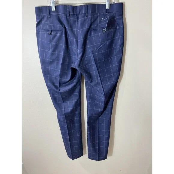 French Crown Men's 42 Blue Windowpane Pattern Wool Rich Double Breasted Suit NEW